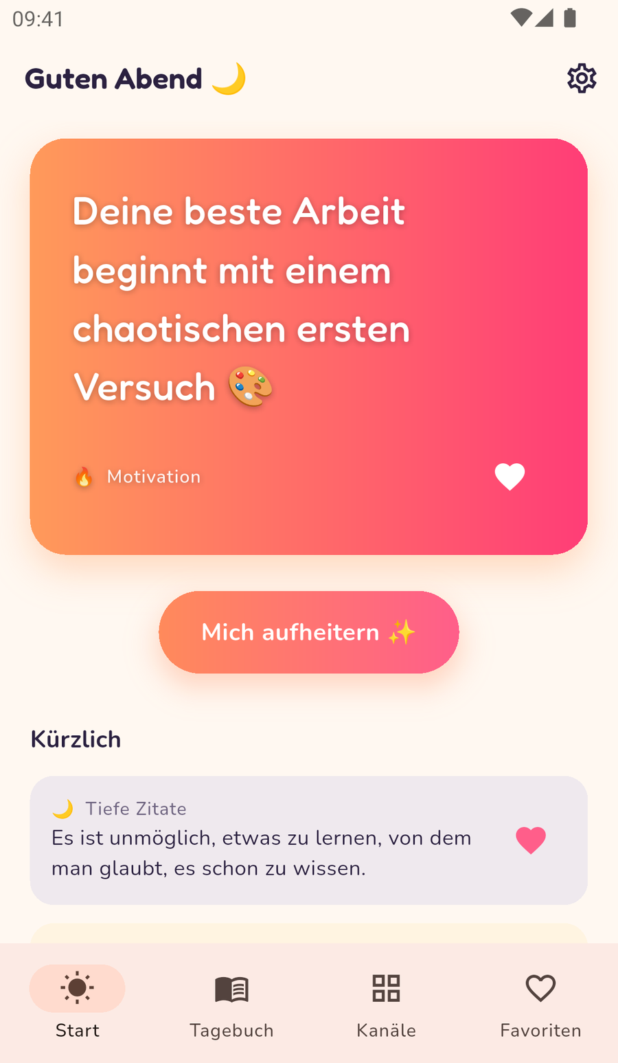 Startseite der Farai-App mit einer aufmunternden Nachricht