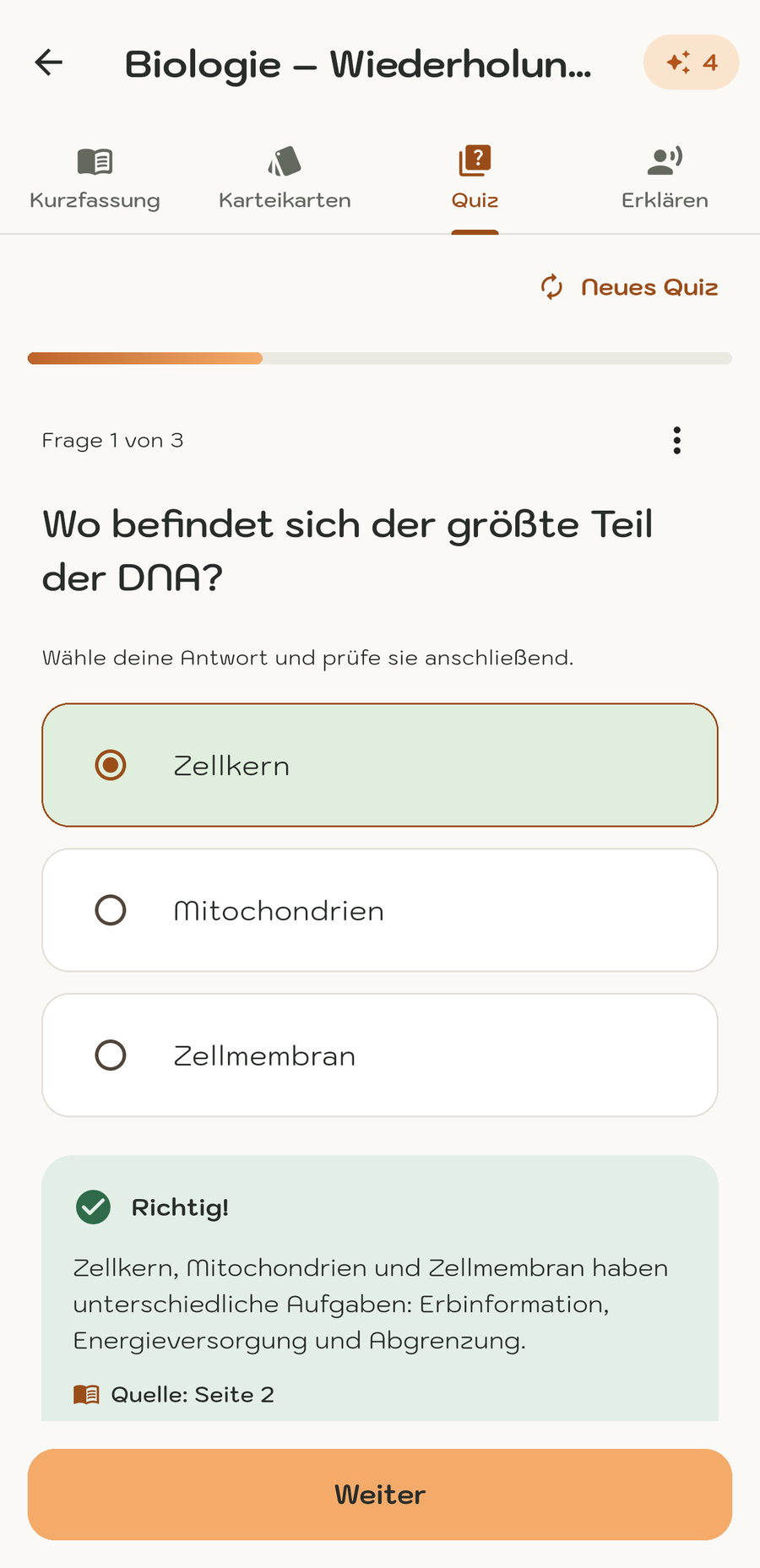Übungsfrage mit Quellenangabe in der MemoWize-App
