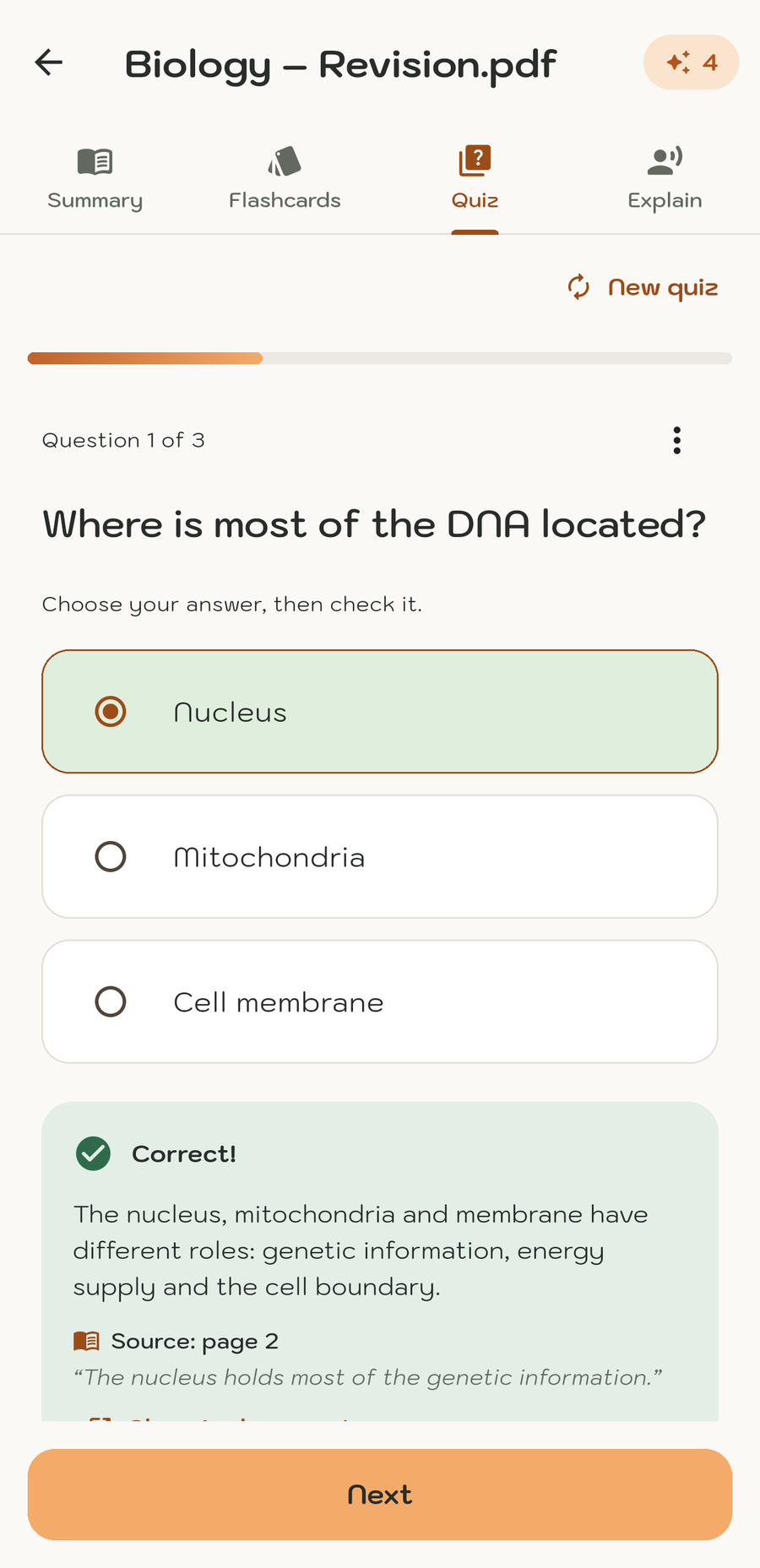 A practice question with its source in the MemoWize app